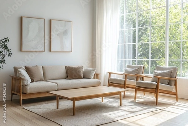 Fototapeta Minimalist, mid century modern interior design of the living room with walls hanging with art frames and sofas and wooden tables. Generative AI
