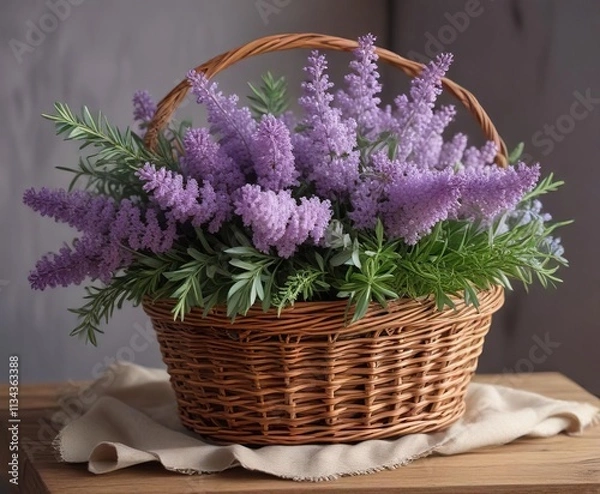 Fototapeta A posy of lilac flowers with some sprigs of rosemary and eucalyptus in a wicker basket, lilac posy, rustic vase, wicker basket