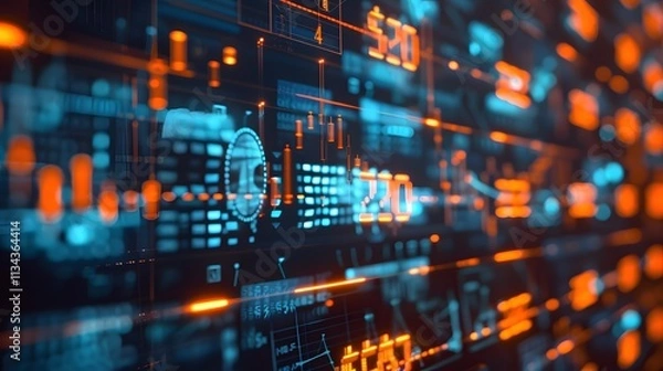 Fototapeta Abstract digital background with glowing lines and shapes in blue and orange.