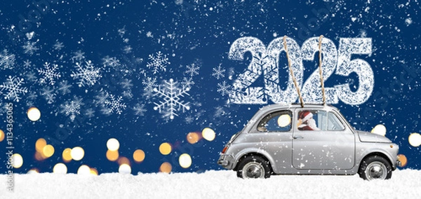 Obraz Christmas is coming. Santa Claus on toy car delivering New Year 2025 gifts and countdown clock at blue background with fireworks