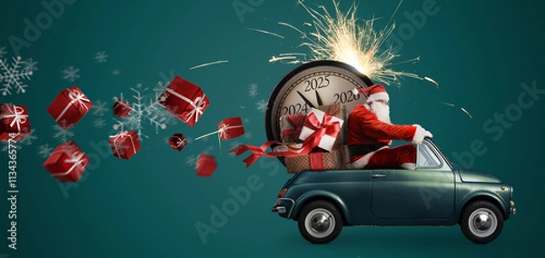 Obraz Christmas is coming. Santa Claus on toy car delivering New Year 2025 gifts and countdown clock at blue background with fireworks