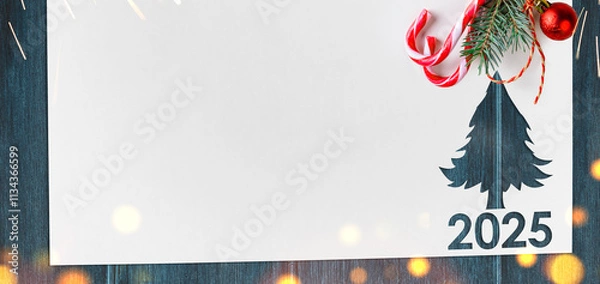 Obraz Christmas 2025 background. White paper with fir-tree shape cut for new year 2025 card on wooden table