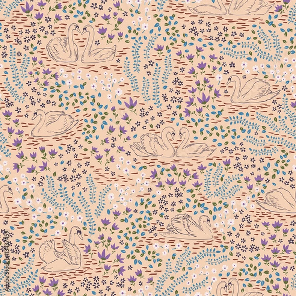 Fototapeta vector seamless cute gentle naive flower ditsy pattern with swan birds, floral romantic fantasy colorful background allover print