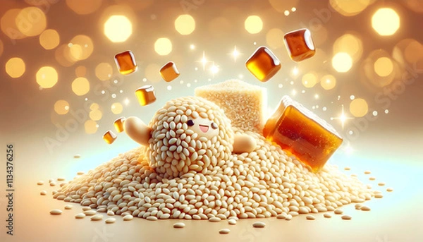 Fototapeta 3D Soft abstract image of sesame seeds and jaggery merging with golden bokeh and copy space to the left. concept as Sesame seeds and jaggery blend seamlessly into a golden bokeh background symbolizing