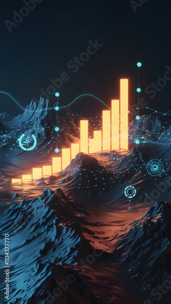 Fototapeta Futuristic 3D landscape with glowing bar chart and data points, representing technology and analytics.