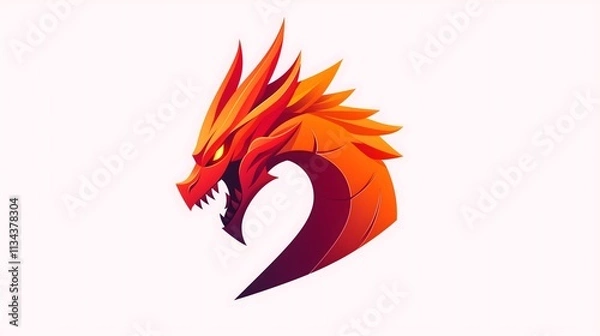 Fototapeta Fiery Dragon Logo with Sharp Contours and Bold Flames on White Background