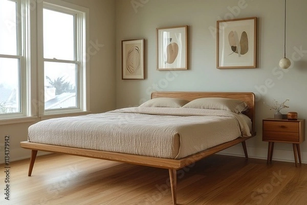 Fototapeta A modern minimalist interior design of a residential living room with walls and beds with art frames. Generative AI
