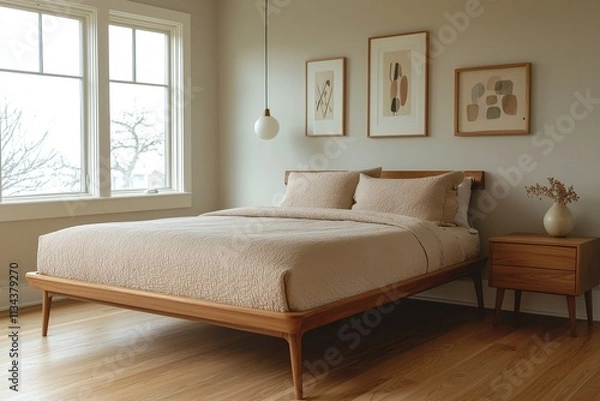 Fototapeta A modern minimalist interior design of a residential living room with walls and beds with art frames. Generative AI
