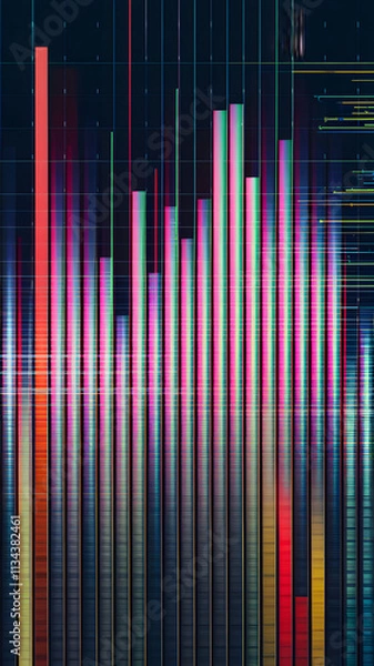 Fototapeta Abstract digital data visualization with colorful vertical bars and lines on a dark background, representing financial or statistical information.