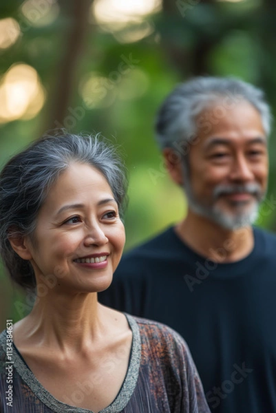 Fototapeta A close up portrait of a smiling couple walking hand in hand. The woman is looking lovingly at the man, while he looks forward with a relaxed expression. Both faces are naturally lit by soft 