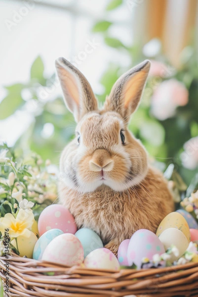 Fototapeta A close-up shot of a fluffy brown Easter bunny sitting inside a wicker basket filled with colorful painted eggs and fresh spring flowers. The bunny looks curious and alert, with its ears upright.  