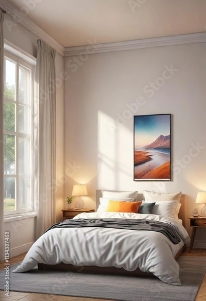 Fototapeta Soft and cozy bedroom with double bed under window, peaceful retreat, soft blanket, soft furnishings