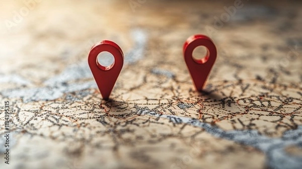 Obraz Two red location markers are placed on a vintage map, symbolizing navigation and exploration.
