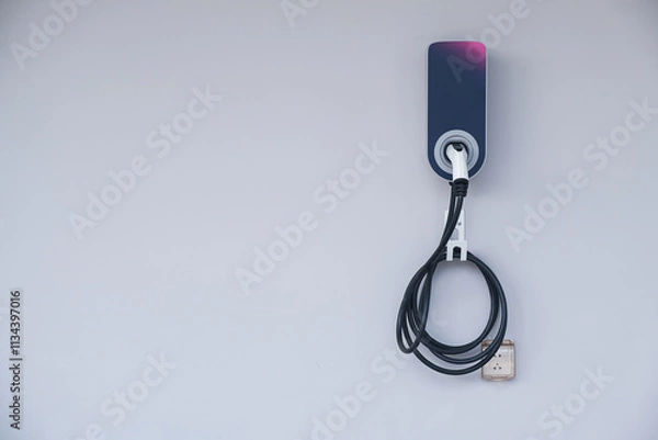 Fototapeta Modern electric vehicle (Ev) charging station with power cable plug for charging Ev or hybrid car, isolated on white house wall.