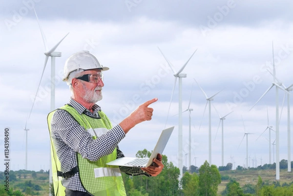 Fototapeta An engineer sits at his laptop looking at a clean energy wind turbine project to generate electricity.