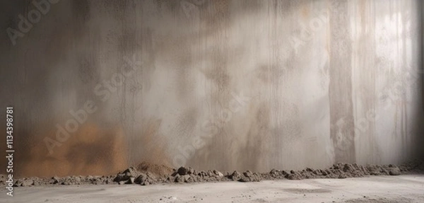 Fototapeta Dull grey wall covered in thick layer of dust and dirt, worn, grimy, dusty
