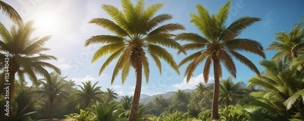 Fototapeta Inflatable palm tree complete with realistic brown trunk and green fronds in a tropical landscape, fronds, nature