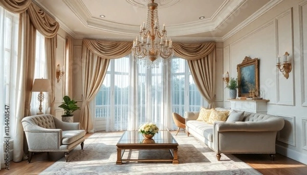 Obraz A luxurious living room with a grand chandelier, plush furniture, and large windows overlooking a scenic outdoor view.