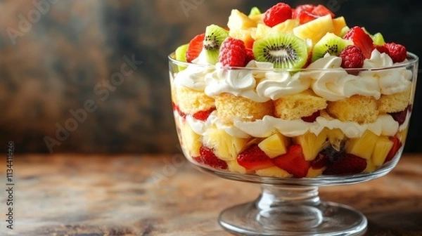 Fototapeta A colorful fruit trifle layered with sponge cake, cream, and various fruits in a glass bowl.