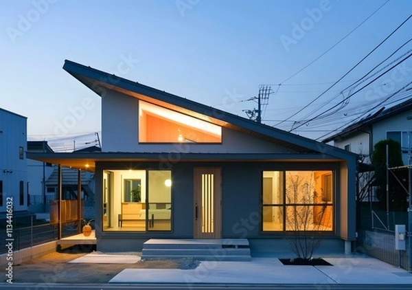 Fototapeta Modern Japanese House with Angled Roof and Large Windows