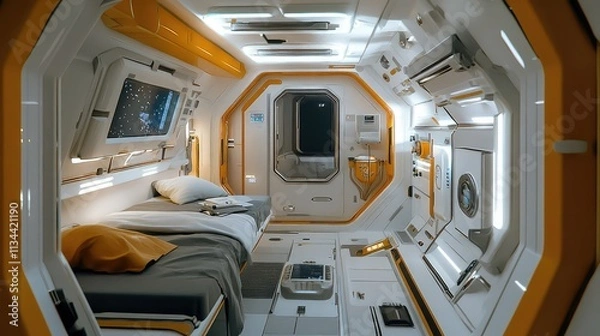 Fototapeta A space station living pod, with a compact kitchen, workspace, and sleeping area designed for long-term space travel and exploration