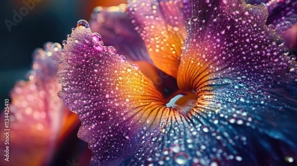 Fototapeta A stunning macro of a pansy flower with dew drops enhancing its colorful and delicate petals
