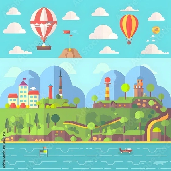 Fototapeta Flat Design Illustration Of A Fantasy World With Hot Air Balloons And A Small Plane