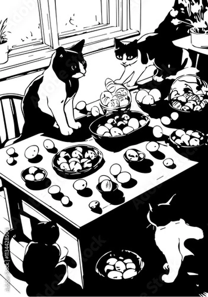 Obraz Many cats gathered to decorate the table for Easter
