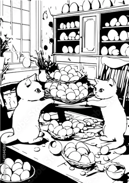 Obraz Two cats lay eggs on the table for Easter
