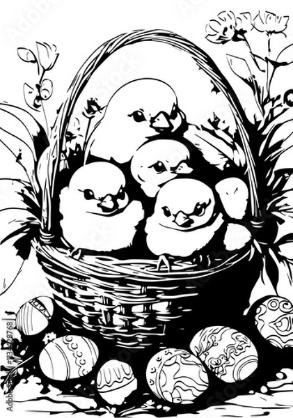 Obraz Basket with chickens for Easter
