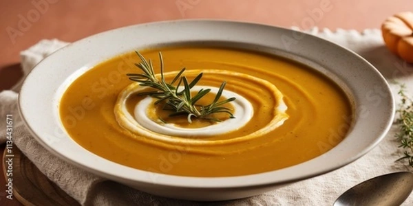 Obraz Gourmet Pumpkin Soup with Cream Swirl and Fresh Herbs for Autumn Delights