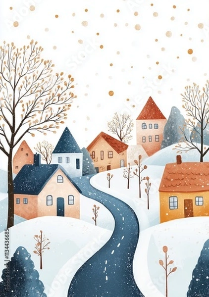 Obraz Cute, pastel, cozy winter illustration with houses, trees, and a road, in the style of a clipart design