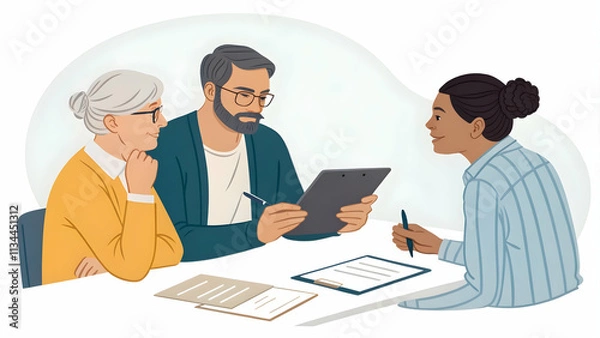 Fototapeta Healthcare Financial Advisor Negotiating with Suppliers Using Documents and Tablet on Plain Background
