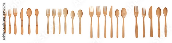 Fototapeta Rustic wooden kitchen cutlery set including spoons forks and knives arranged in a minimalist elegant layout on a wooden table  Eco friendly sustainable dining and cooking concept