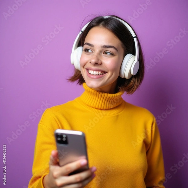 Obraz Woman Enjoying Music With Headphones and Smartphone Against Purple Background