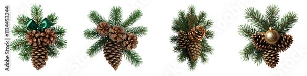 Fototapeta Vibrant pine cones and evergreen branches arranged in a festive display for holiday season Rustic natural backdrop with textured details colors and patterns