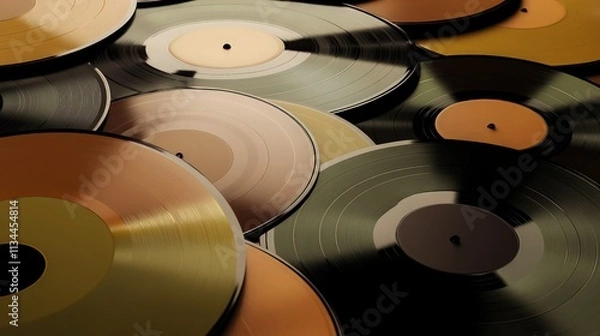 Fototapeta A collection of vinyl records in earthy tones of brown, mustard, and olive green, overlapping in a smooth, organic pattern. 