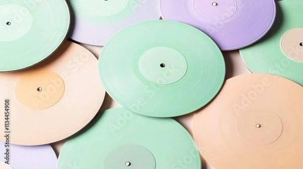 Fototapeta A collection of vinyl records in pastel hues of mint green, lavender, and soft peach stacked and overlapping. 
