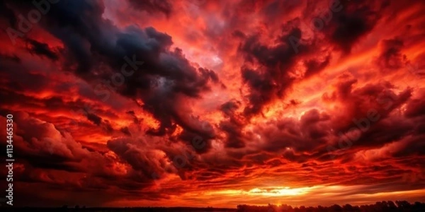 Fototapeta Dramatic red sky with black ominous clouds, dramatic, red, sky, black, ominous, clouds, stormy, weather, dark
