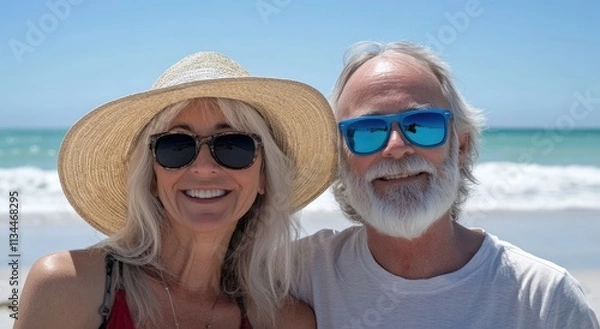 Fototapeta A beautiful senior couple smiling at the camera, wearing sunglasses and beach attire on vacation in the sunny weather.