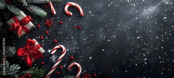 Obraz A black chalkboard-like background with bright white chalk-style Christmas designs, candy canes, and tiny red bows