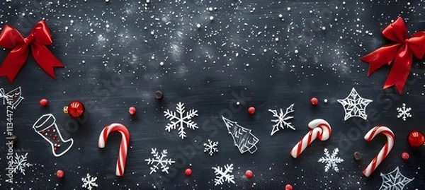 Obraz A black chalkboard-like background with bright white chalk-style Christmas designs, candy canes, and tiny red bows