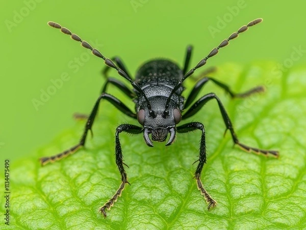 Fototapeta Black Beetle Closeup on Green Leaf, Detailed Insect Macro Photography