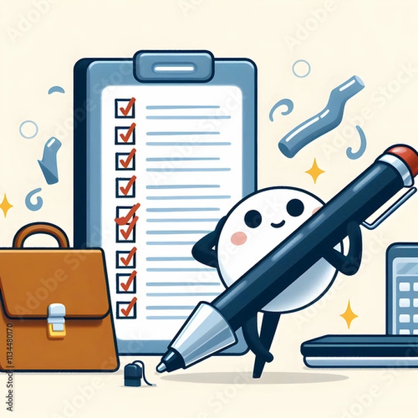 Fototapeta Colorful cartoon pen marking completed tasks on to-do list, symbolizing productivity and empowerment in business.