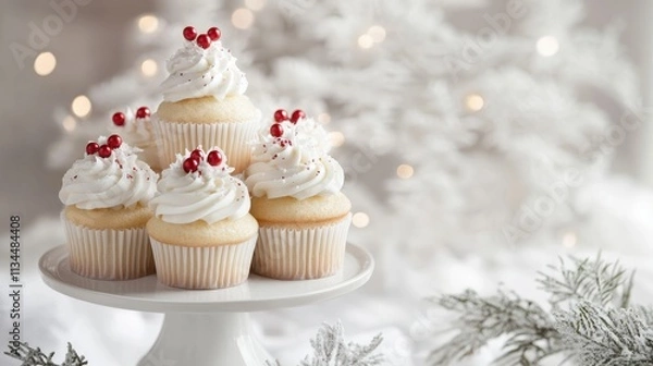 Fototapeta Delightful Christmas Cupcakes with Creamy Frosting and Red Berries on a White Cake Stand Against a Wintery Background with Soft Lights