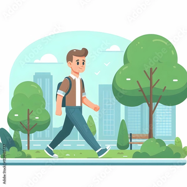 Fototapeta Flat Man Leisurely Walk Park Relaxation Vector Illustration with Ample Copy Space for Text and Branding