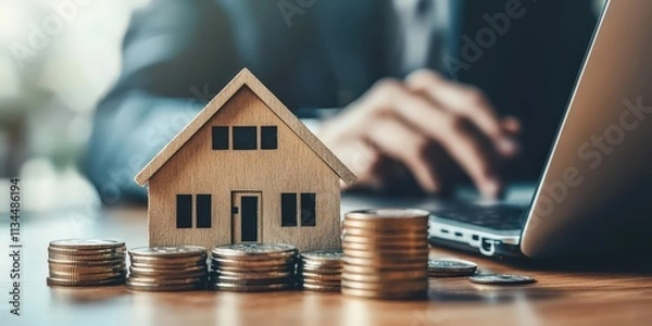 Obraz Real Estate Agent Using Laptop to Display Property Listings with Model House and Coins in a Professional Setting