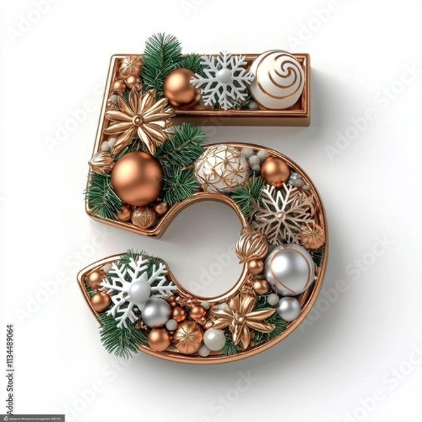 Fototapeta 3D Christmas-themed number "5" decorated with elegant copper Christmas patterns such as snowflakes, stars, and ornaments, featuring a metallic copper finish with intricate details and a glossy