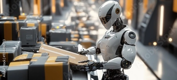 Fototapeta Futuristic Warehouse: A Robot's Precision in Package Handling