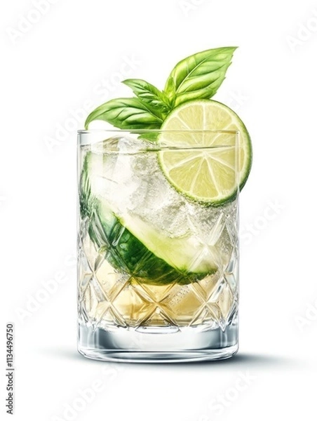 Fototapeta A refreshing cocktail with cucumber, lime, and basil in a crystal glass filled with ice.